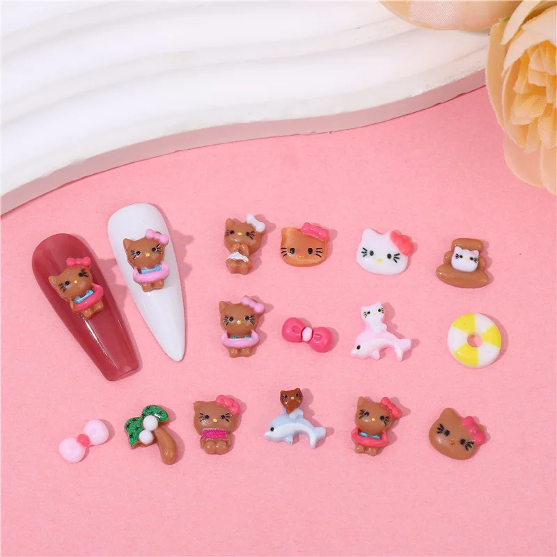 20pcs Sanrio HelloKitty Summer Beach Black Skin Nail Sticker Cartoon Movie Around Coconut Tree Cat Dolphin Accessory Sticker