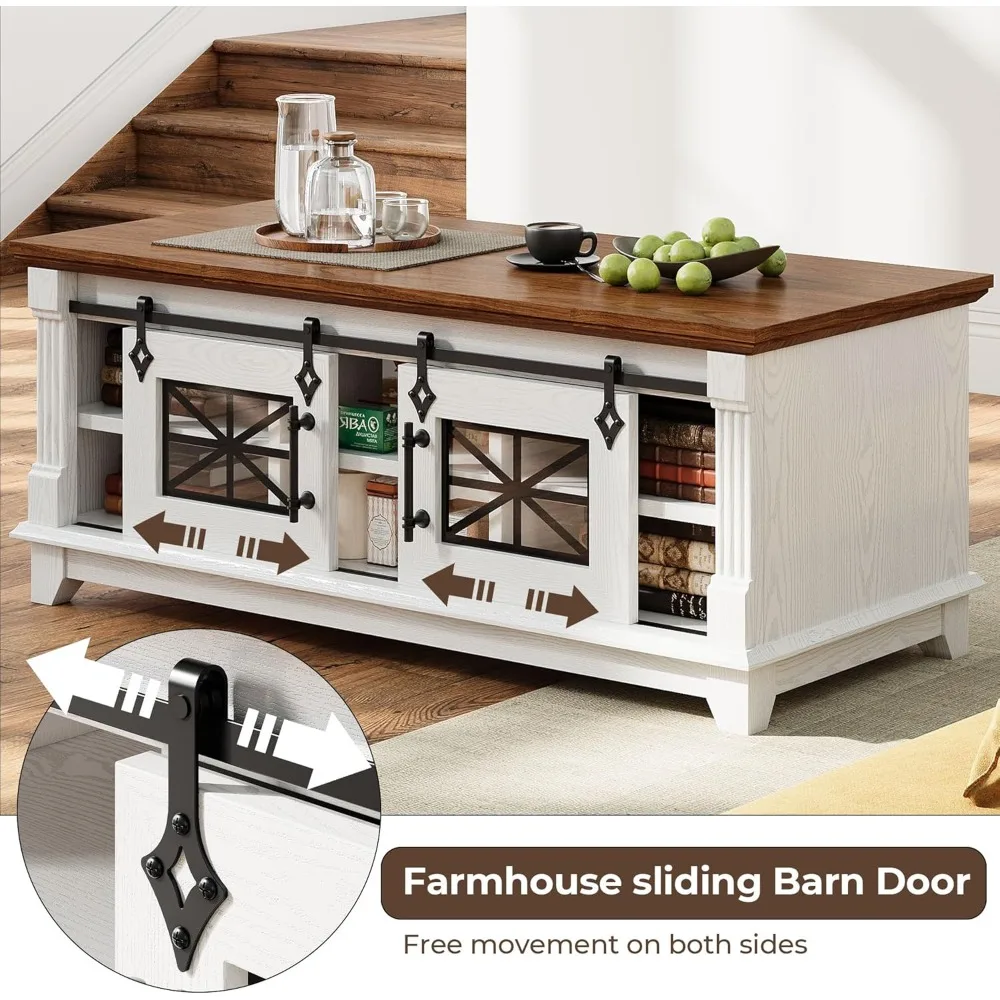 48'' Coffee Table with Sliding Barn Doors, Rustic Center Table with 6 Large Storage Space, Glass Doors and Adjustable Middle Sh