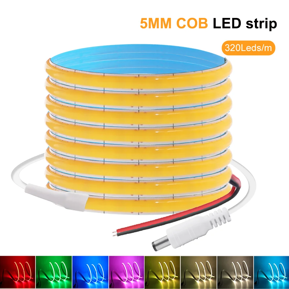 FOB COB LED Strip Lights 5V 12V 320LEDs/m High Density Flexible Diode Tape Light 5mm Width Linear Dimmable Ribbon for Room Decor