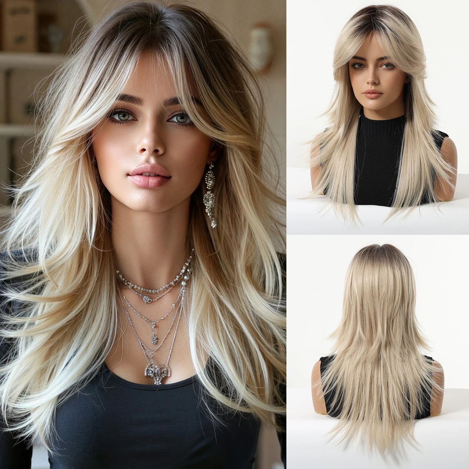 

Allbell Magique Dark Brown To Light Blonde Gradient Highlights Long Straight Synthetic Wig For Women With Bangs Fashion Party