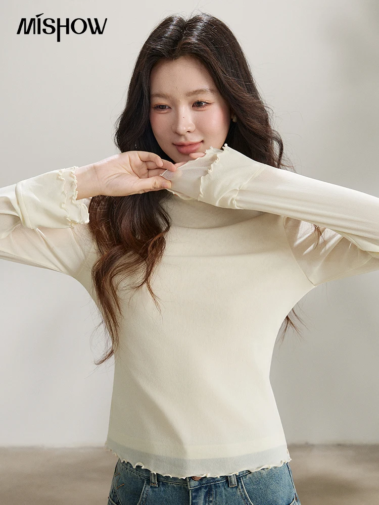 MISHOW Women's Ruffled Crew Neck Interior T-shirt 2026 Spring Lightweight Transparent Mesh Tops Slim Casual T-Shirt MXF11Z2914
