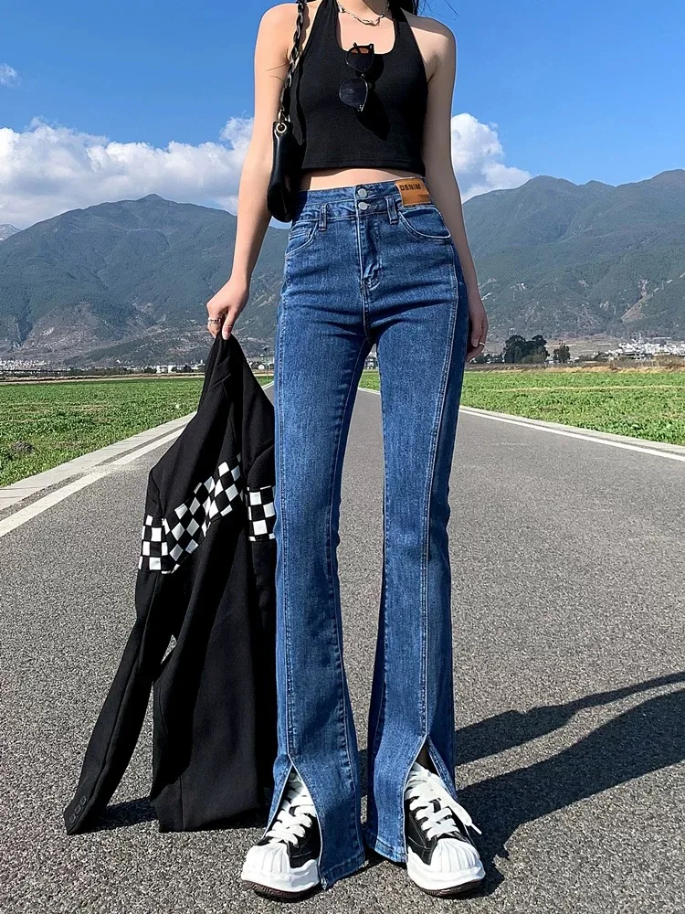 

High Waist Bell Bottom Denim Jeans Women's Spring Autumn New Style plus Size Slimming Long Trousers Retro Split Design