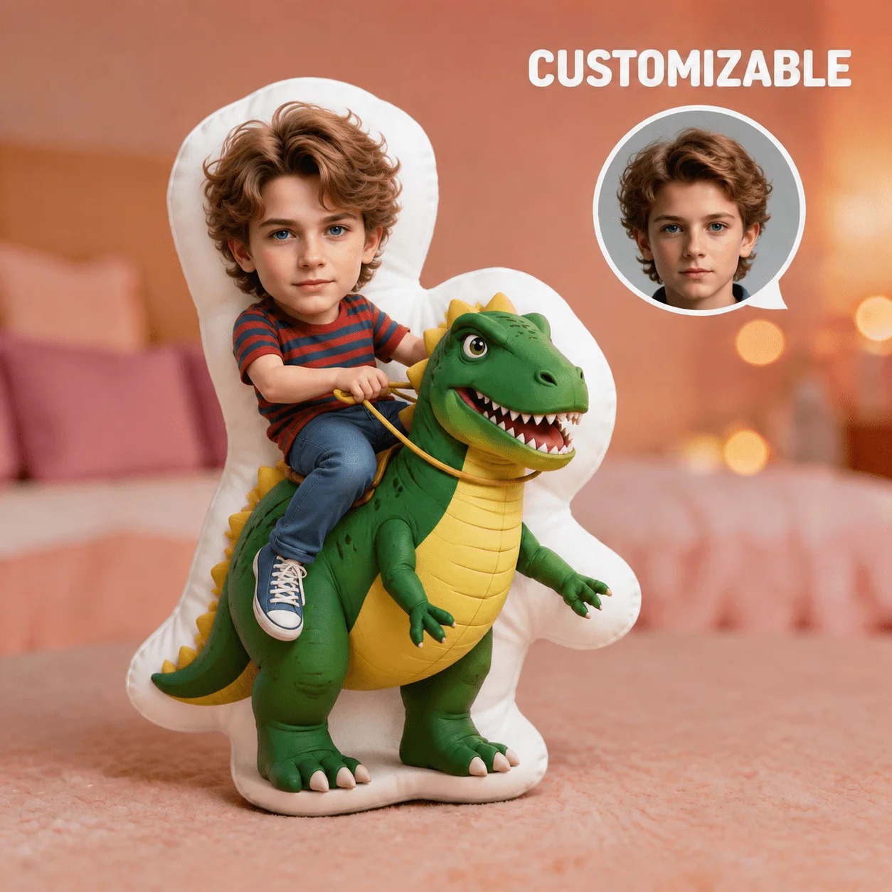 Personalized Photo & Dinosaur Rider Pillow - Custom Photo Cushion with Your Own Picture, Suitable for Sofa Bed Decor, Memory Gif