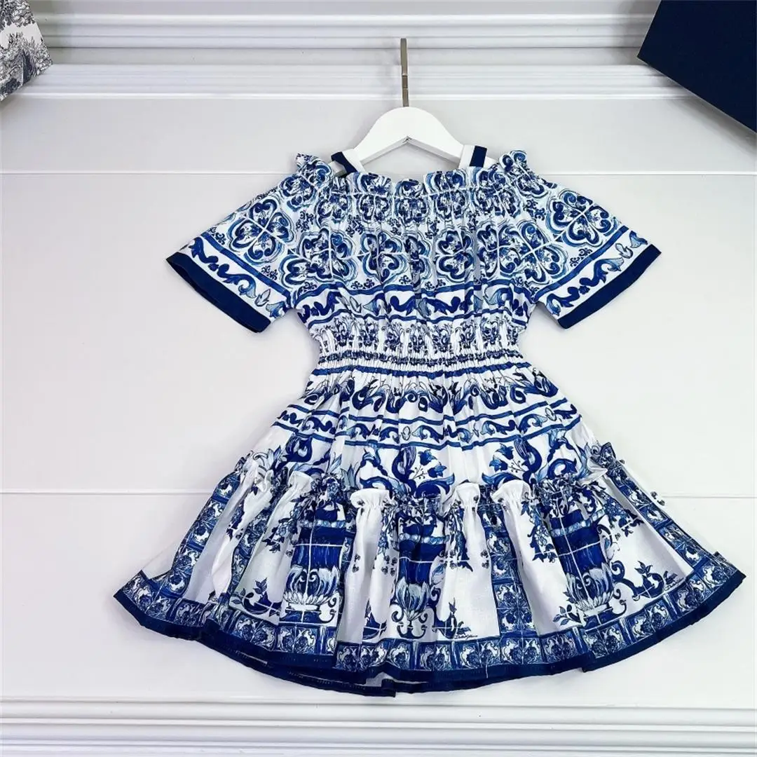 

Новейшая одежда для девочек 2025 года, синее платье с цветочным узором, праздничное платье для больших девочек, хлопковое платье с цветочным принтом, детское платье