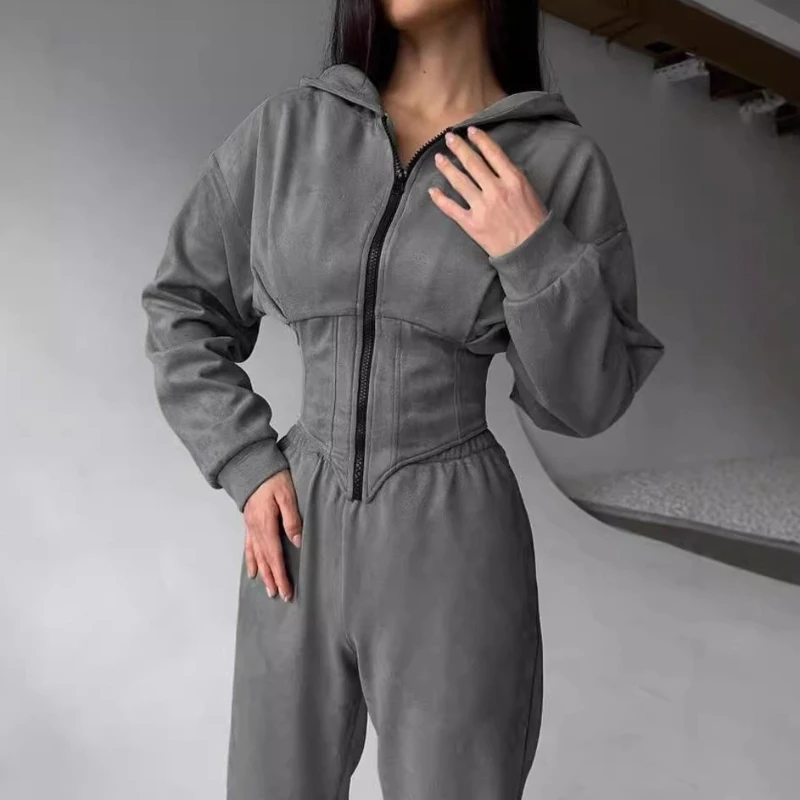 

Two Piece Sets Women Solid Slim Fit Hooded Sweatshirt and Long Pants Set Tracksuit Jogger Casual Autumn Winter Matching Sets