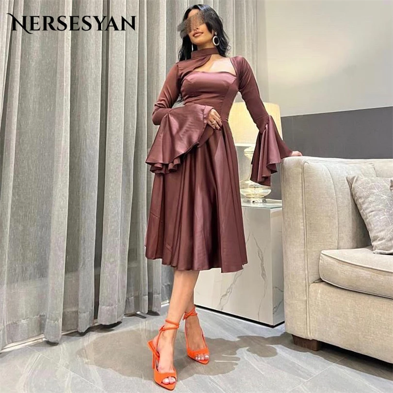 

Nersesyan Modern Sexy Long Sleeves Formal Evening Dresses Satin Rulffed Pleats Party Gowns A-Line Draped Special Occasion Dress