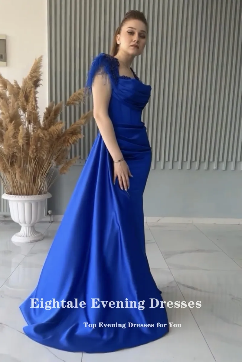 Eightale Vintage Evening Dresses V-Neck Satin Royal Blue Cap Sleeves Beads Mermaid Prom Wedding Party Gown Vestido De Fiesta