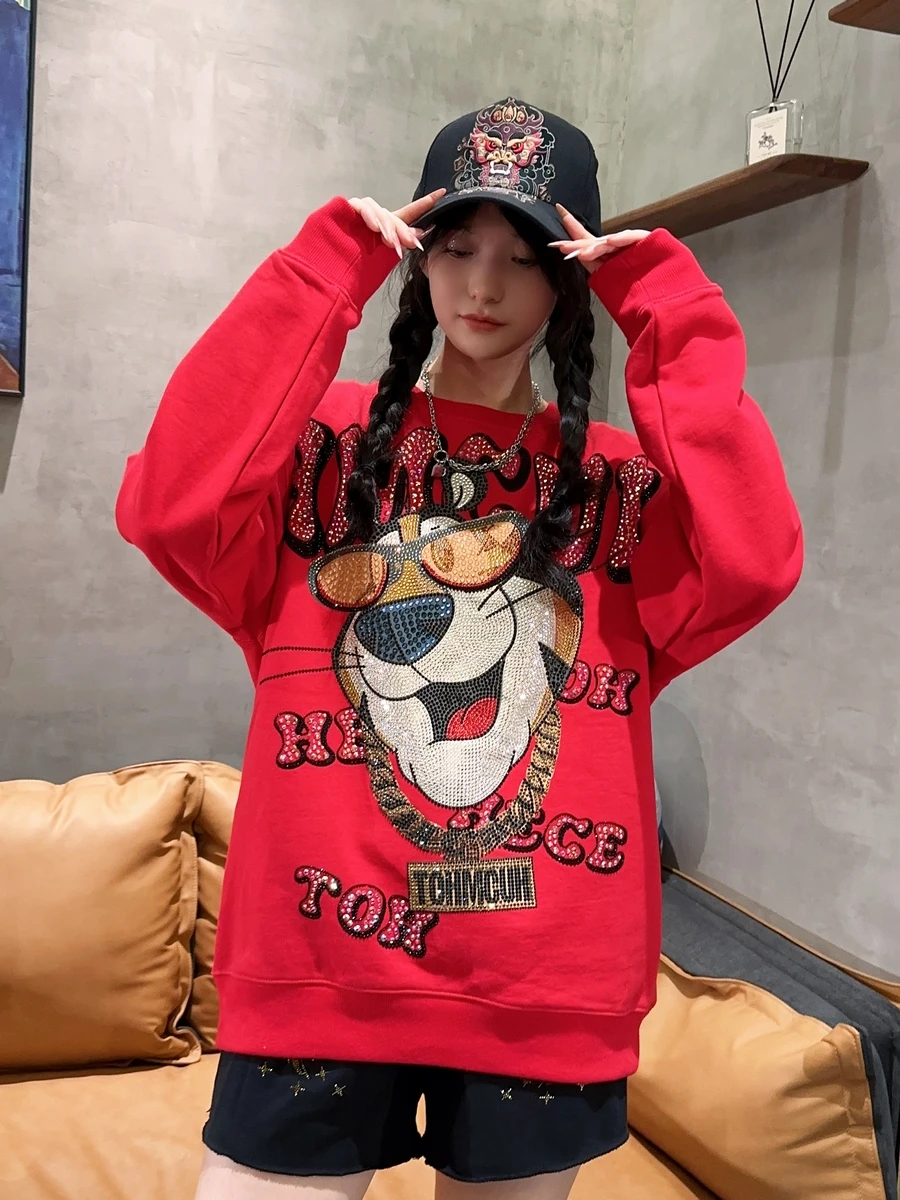 

Trendy Luxury Cartoon Hot Drilling Women Sweatshirt Red Couple O-neck Pullover Top Mid-long Shiny Rhinestone Cotton Hoodies 2023