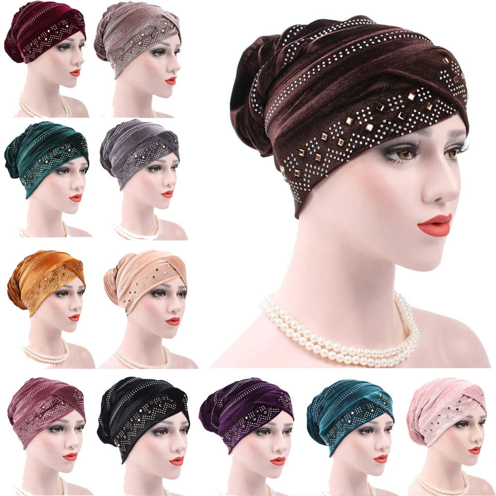 

Autumn Winter Velvet Hat Muslim Women Hijab Chemo Cap Beads Turban Baggy Beanies Bonnet Hair Loss Headscarf Wrap Slouch Headwear