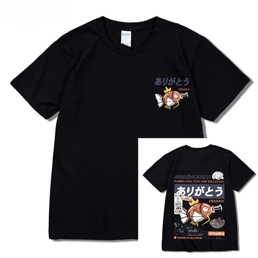 2024 japonés divertido Ramen estampado de peces Hip Hop hombres Casual cómodo algodón manga corta Camiseta cuello redondo manga corta 81150