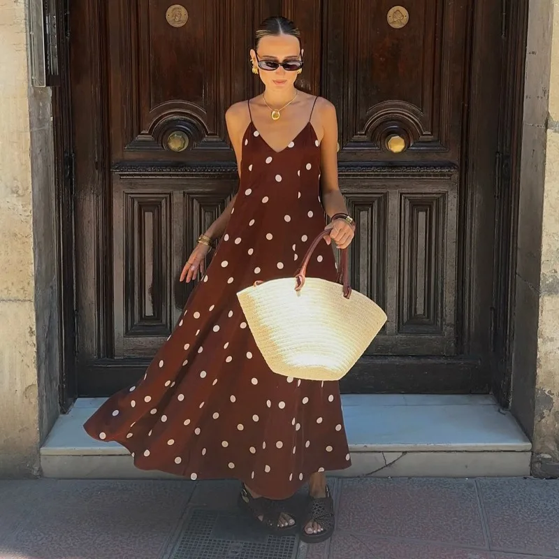 

Tsiisd Summer Women's Polka Dot Maxi Dress Camisole Backless V Neck Beach Vacation Travel Streetwear Women's Casual Dresses New