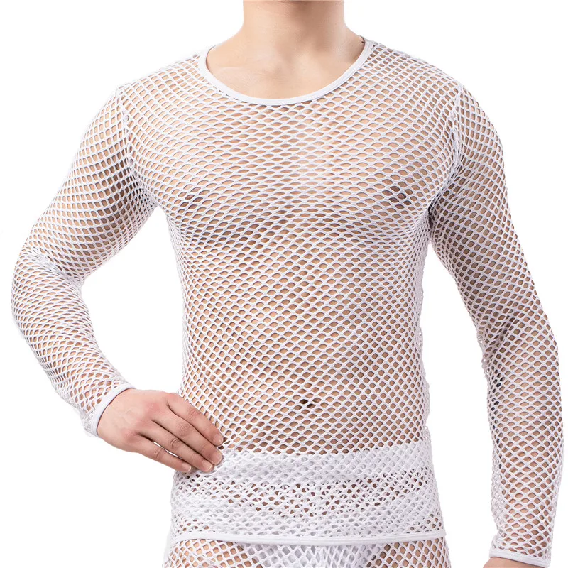 

Mens Mesh Long Sleeve T-shirt Fishnet Transparent Undershirts Sexy Muscle Hollow Out Sport Tops Tees Lounge Home Sheer T Shirts