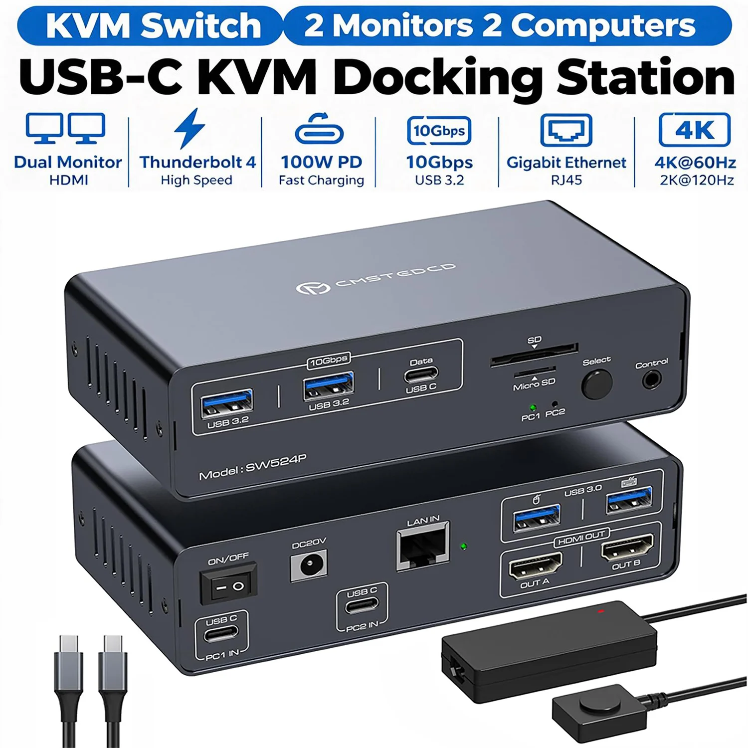 4K/2K USB-C KVM Docking Station for 2 Laptops, Dual Monitor HDMI KVM with Thunderbolt 4 and EDID,100W PD