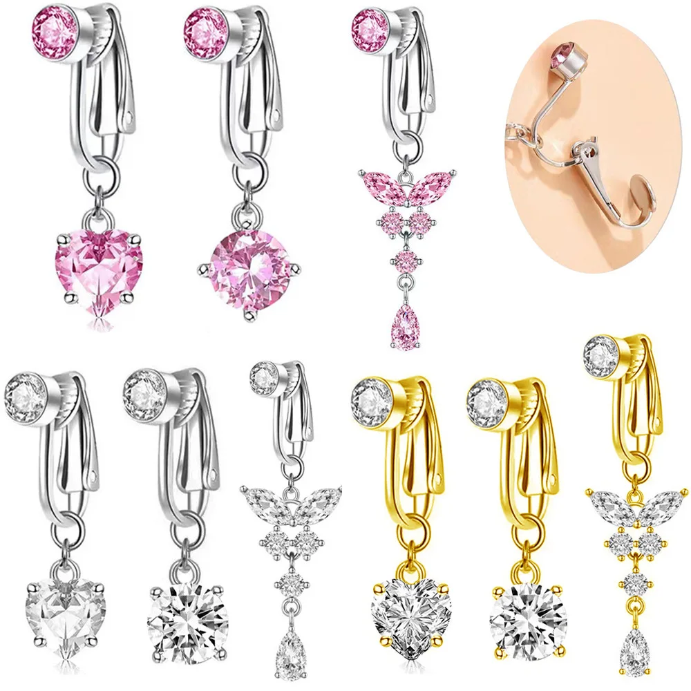 Faux Fake Belly Piercing Butterfly Heart Dangling Long Fake Belly Button Pircing Clip On Umbilical Navel Cartilage Earring Clip