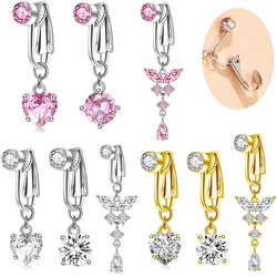 Faux Fake Belly Piercing Butterfly Heart Dangling Long Fake Belly Button Pircing Clip On Umbilical Navel Cartilage Earring Clip