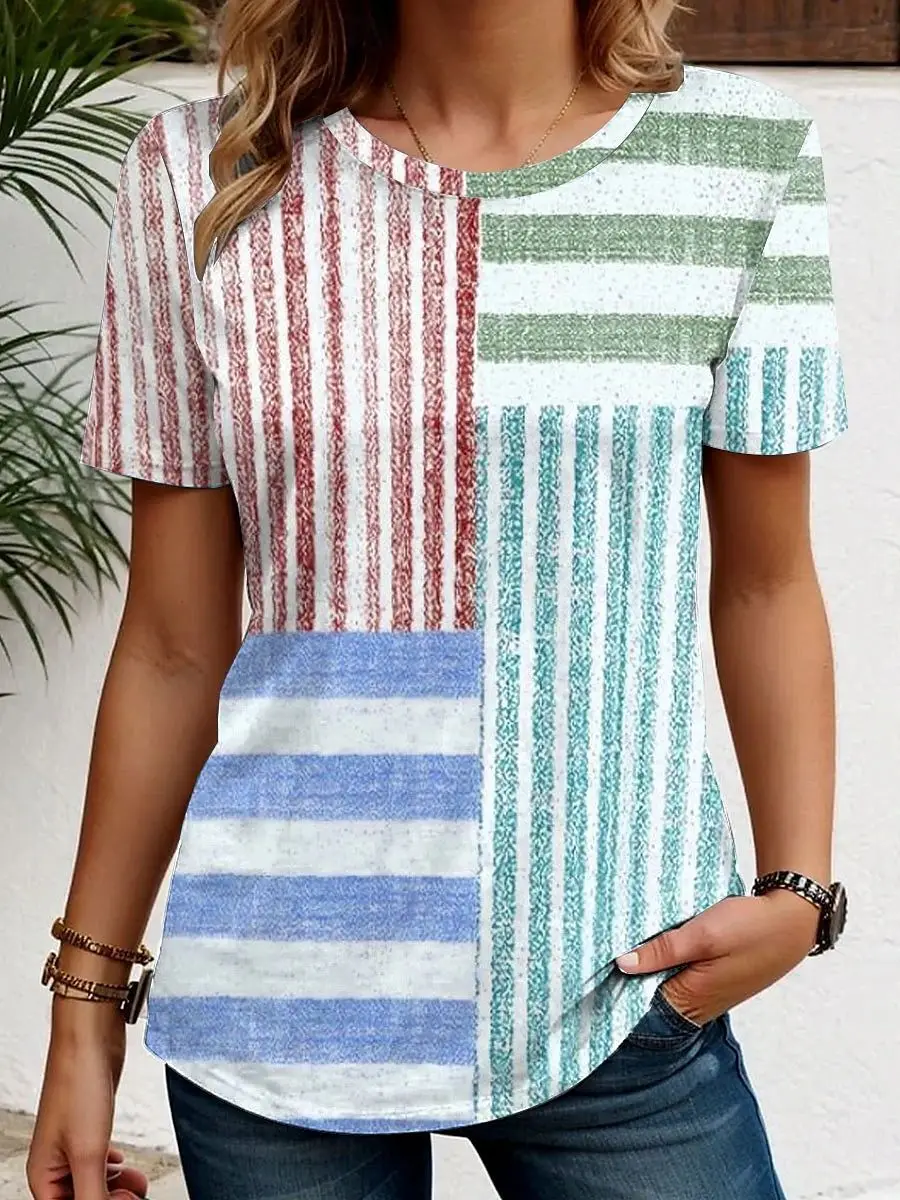 Patchwork T-Shirts Stripe 3D Print Summer Women's Short Sleeve Round Neck T Shirt Harajuku Y2K Casual Tees Tops Female Clothing