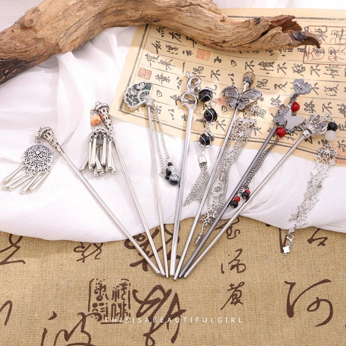 دبوس شعر نسائي أنيق عتيق فضي على شكل فراشة شرابة عصا شعر عتيقة على الطراز الصيني مجوهرات معدنية إكسسوارات الشعر دبابيس شعر