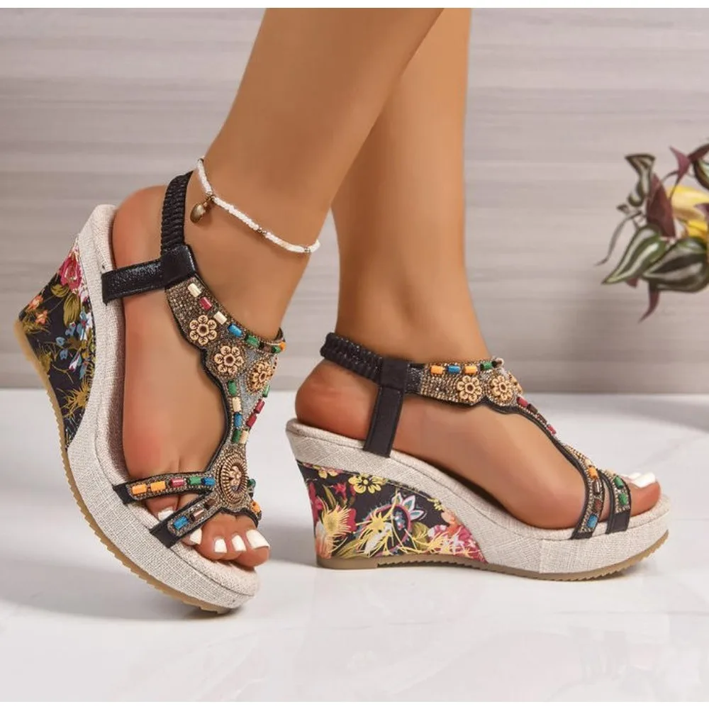 Woman Leather Summer Fashion Wedge Female Large Size Mid-heeled Platform Black New Comfortable Retro Sandals for Women view 4