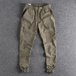 Summer New American Lightweight Quick Drying Casual Cargo Pants Men's Fashion Washed Elastic Straight Sport Ankle-tied Trousers