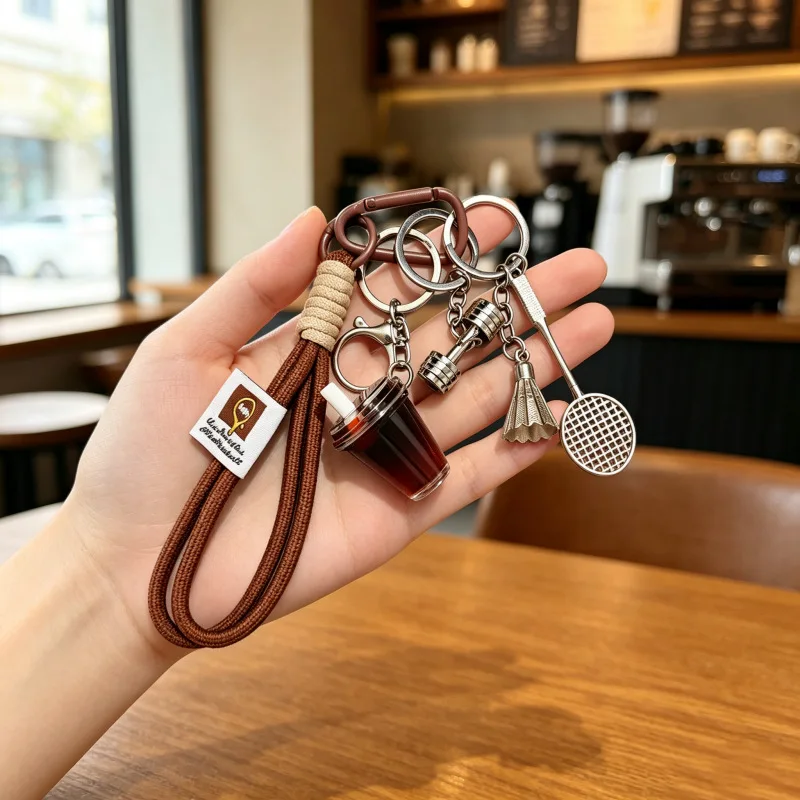 Simulation Coffee Keychain Pendant Badminton Bag Charm Keyring Mini Gift Creative Decor