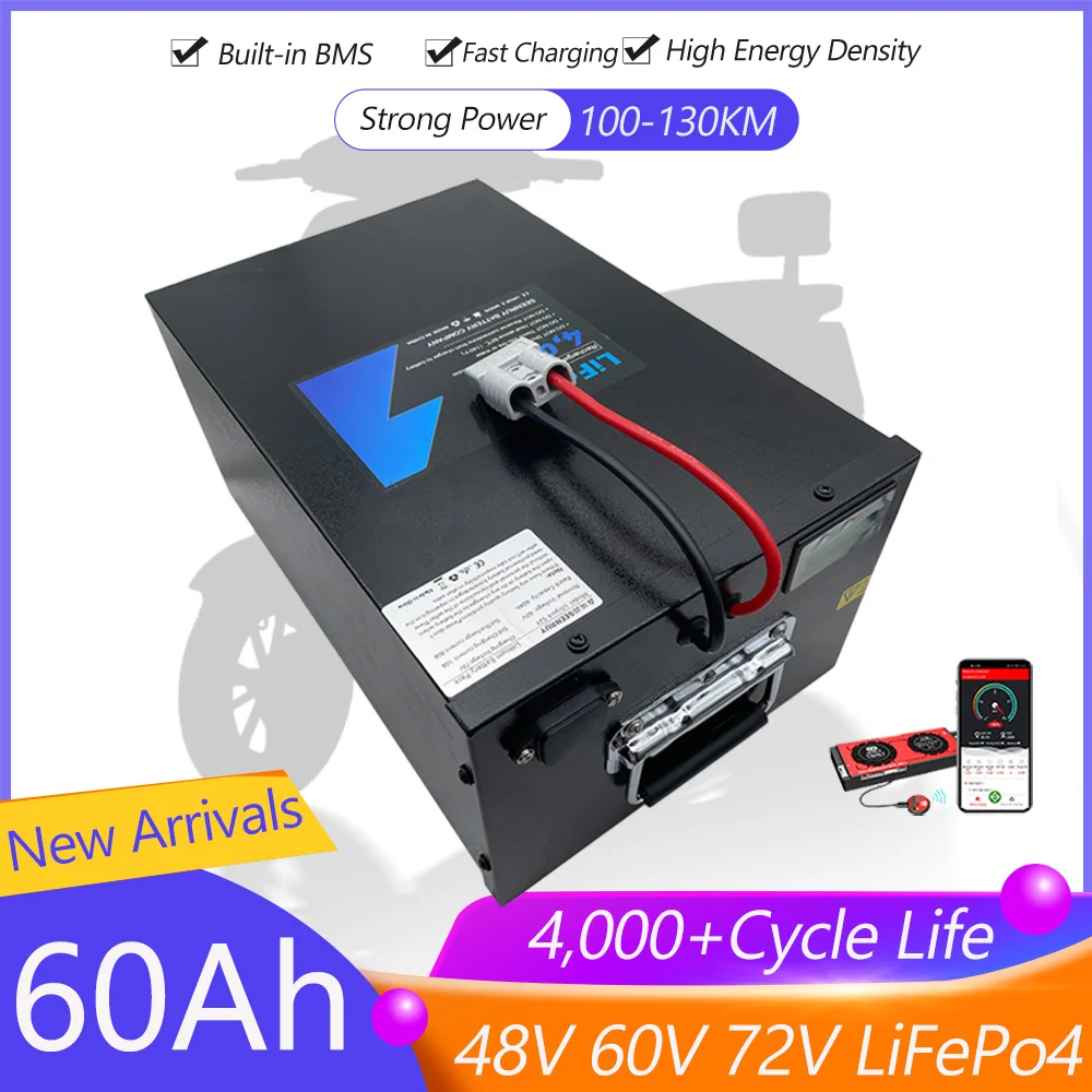 

SEENRUY Lifepo4 48V 60V 72V 60Ah Battery Pack With Bluetooth BMS Peak 180A for RV EV Motorcycle Elecrtric Bike With 10A charger