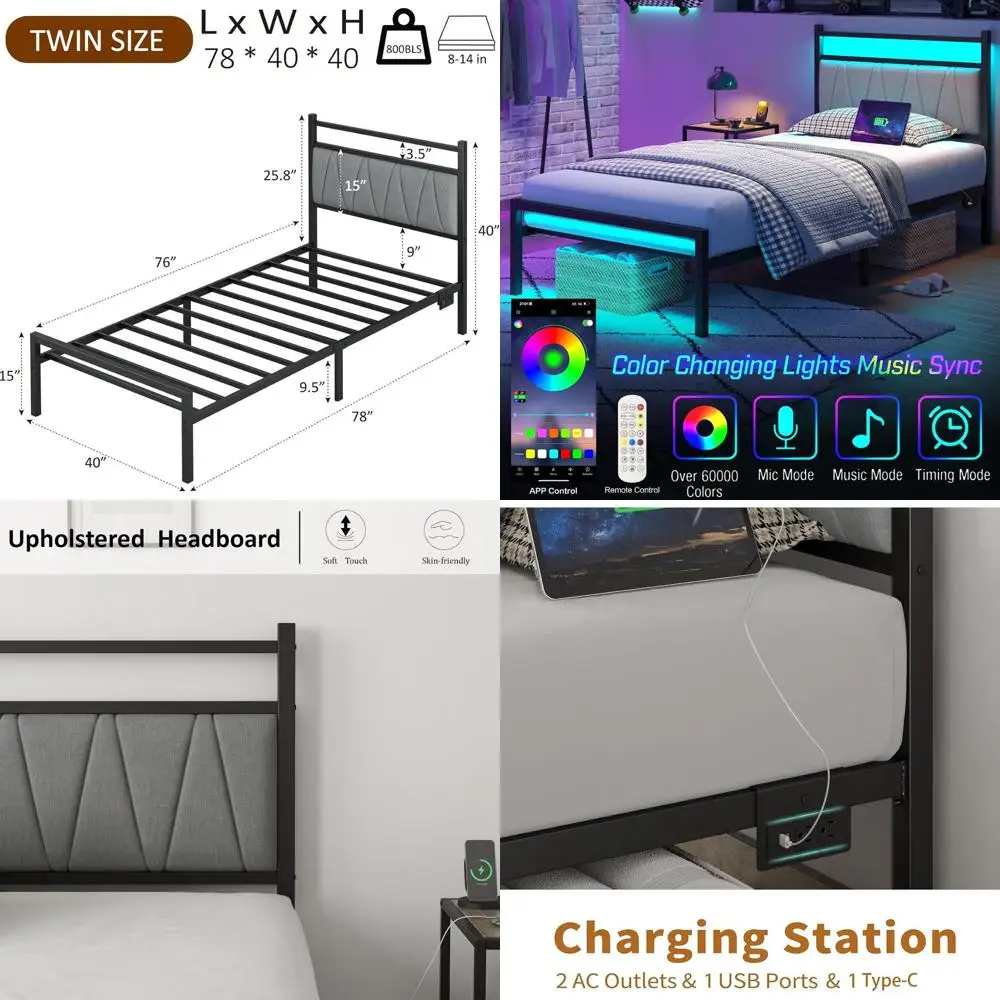 

Black Metal Platform Bed Frame with LED Lights, Charging Station, and Fabric Headboard - No Box Spring Needed, Easy Assembly, Qu