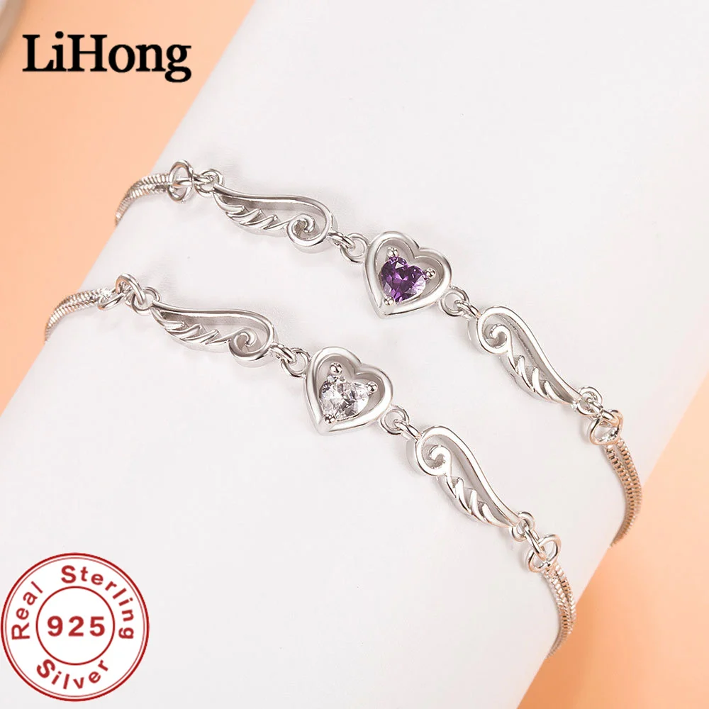 925 Sterling Silver Bracelet Angel Lover Zircon Amethyst Bracelet Woman Engagement Wedding Charm Jewelry Gift