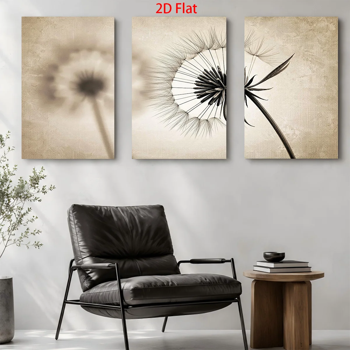 2D Flat 3PCS- Three panels with dandelion images in sepia tone and black outline Themed Canvas Wall Art, Waterproof Canvas Pr