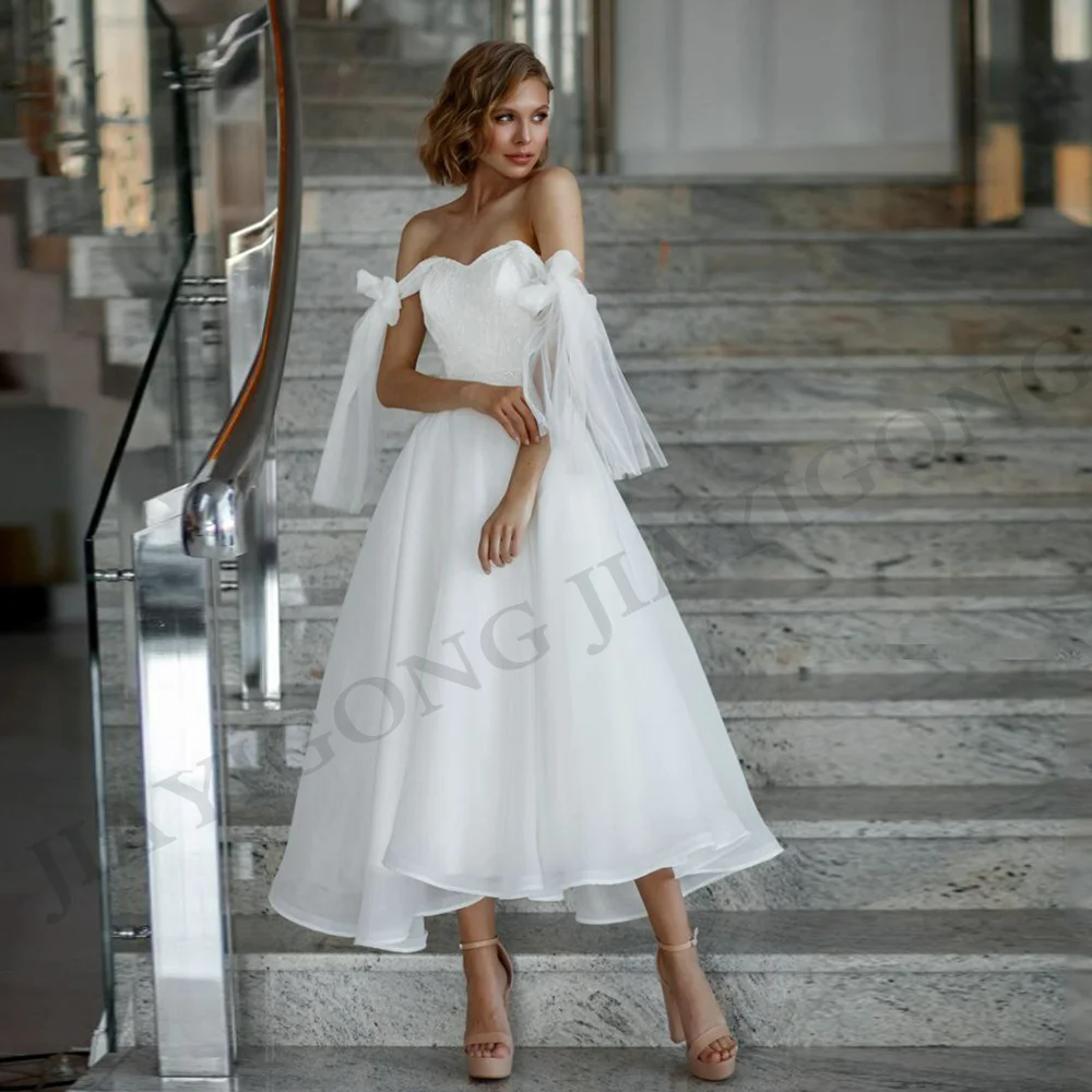 

Short Organza Wedding Dress Sexy Sweetheart Sleeveless Sequin Lace Ankle Length A Line Civil Bridal Gown Vestido De Noiva