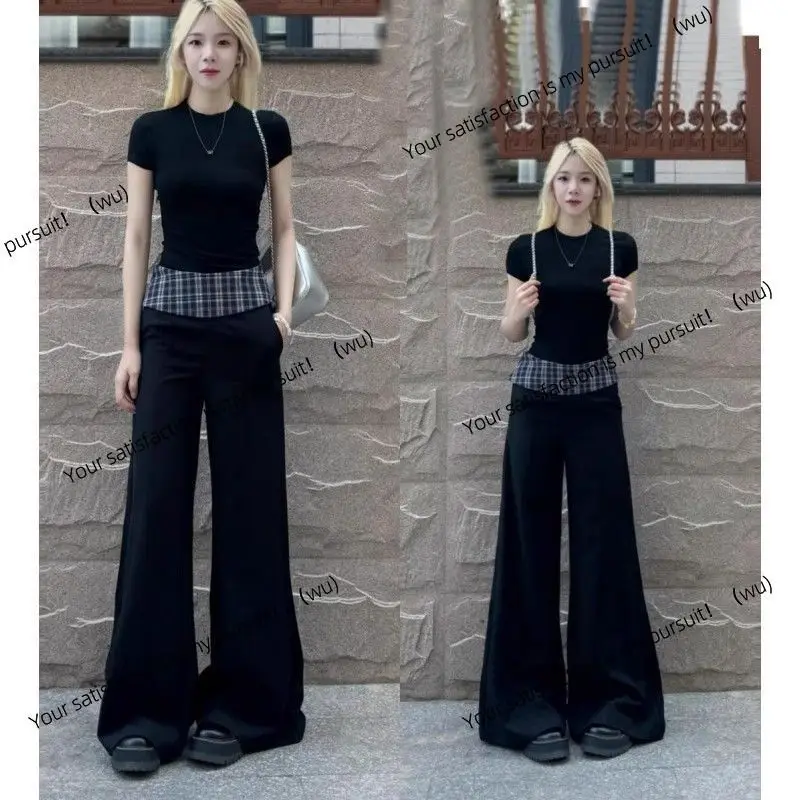 

Suit Female Pure Desire Spice Girl Slim-fit Short Sleeve Shirt Top High Waist Skinny Wide Leg Pants Two-piece Set