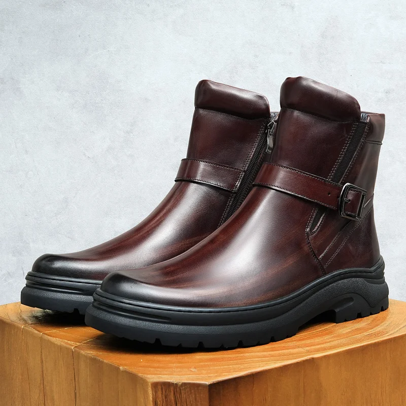 

Men’s Genuine Cow Leather Brown Boots Banquet Business Suits Cowhide Black Luxury Shoes Man Winter