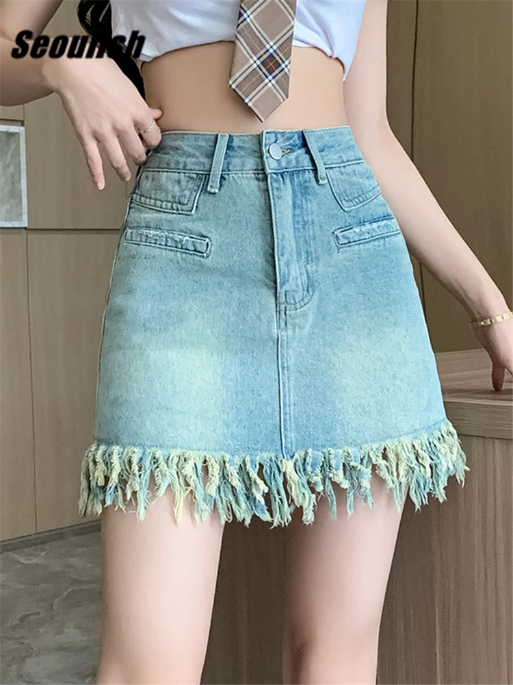 

Seoulish High Waist Tassel Women's Denim Wrap Mini Skirts Spring Summer Blue Cowboy Jeans A-Line Short Skirt Female 2023 New