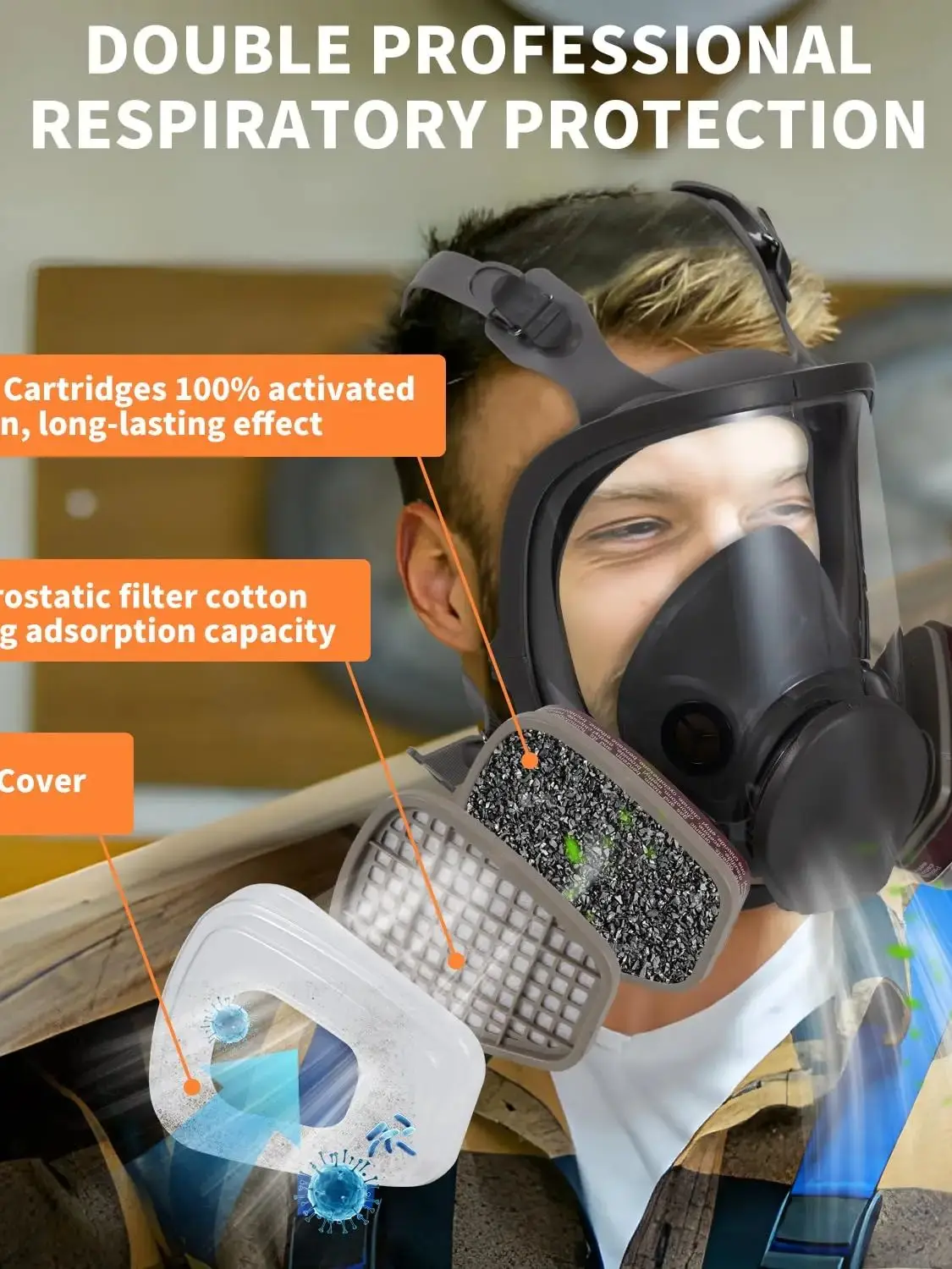 15-in-1 Gasmaske 6800 Vollgesichts-Atemschutzgerät Große Größe Wiederverwendbarer Vollgesichts-Atemschutz für Gas, Farbspritzgerät, Chemikalien, Holzarbeiten, Staub