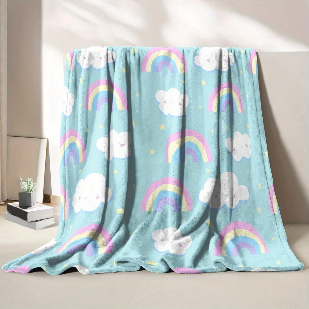 1pc Fluffy Blanket Cartoon Clouds Rainbow Print Throw Blanket Fantasy Boho Comfortable Soft Bedding Bed Blanket Sofa Lunch Blank