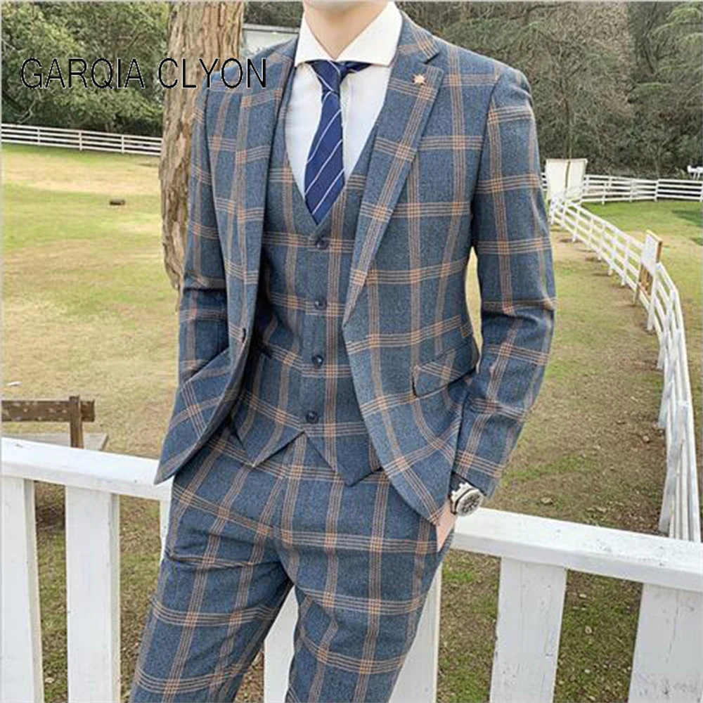 Setelan pakaian pria 3 potong, Blazer + rompi + celana kotak-kotak Slim Fit santai kualitas tinggi tuksedo pernikahan pesta Prom pria