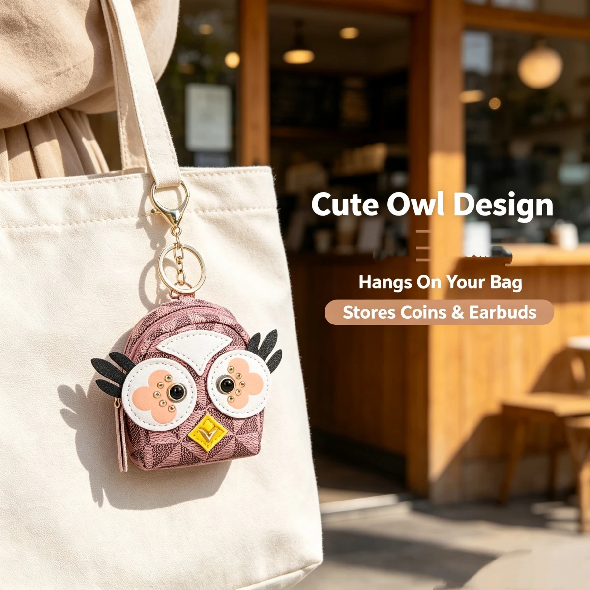 Cute 3D Owl Mini Coin Purse Leather Keychain, Portable Earphone Storage Bag, Cartoon Animal Car Key Holder Gift for Women Girls view 3