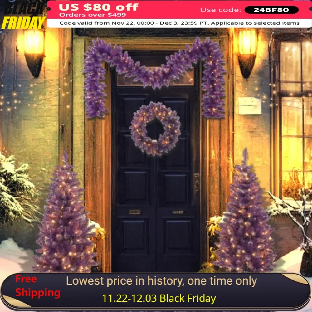 Pre Christmas Artificial Tree Set of 4 with Garland，Wreath & 2-Piece Entrance，Tree Christmas Decorations with LED Lights