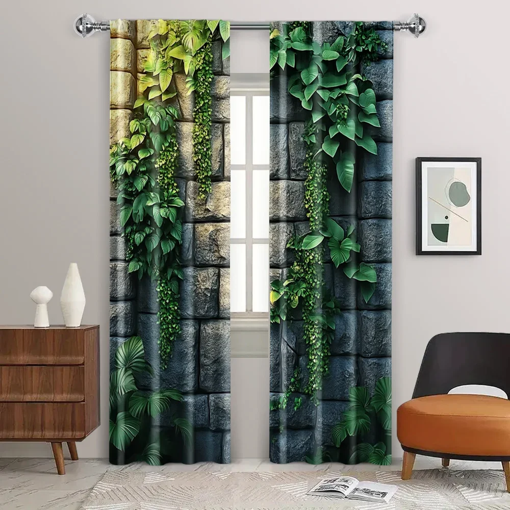 2pc,  Curtain Green vine and natural stone Fabric,Without Electricity Family Party Applies to  translucent polyester curtains