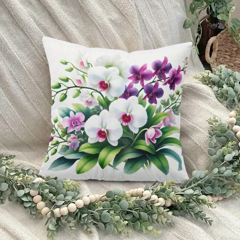 1pc Orchid Floral Themed Printed Throw Pillow Cover, Suitable for Sofa, Bedroom, Living Room,Easily Create an Elegant Atmosphere
