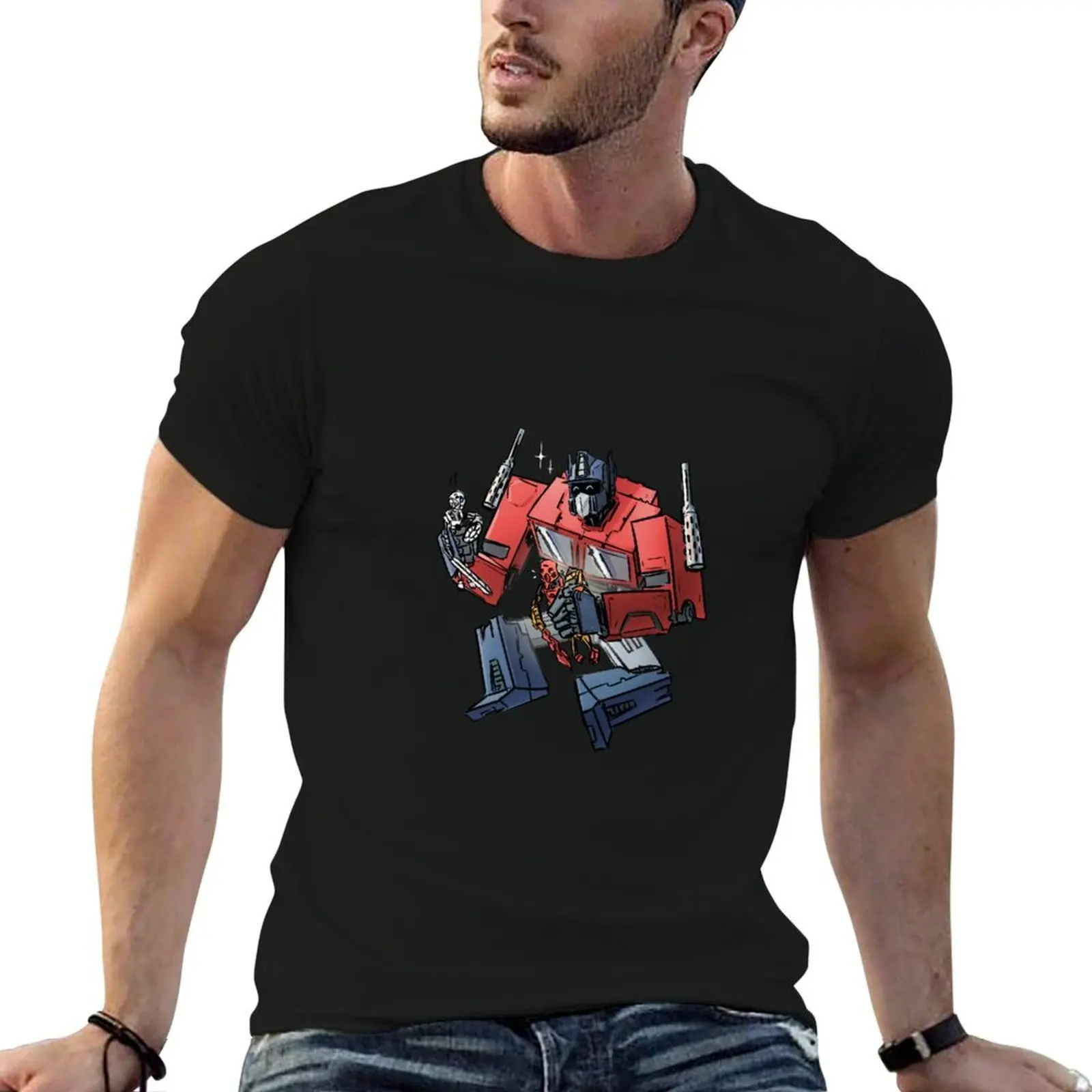 

Optimus plays with Bionicles T-Shirt anime t shirts for man t shirt man cotton T-Shirt