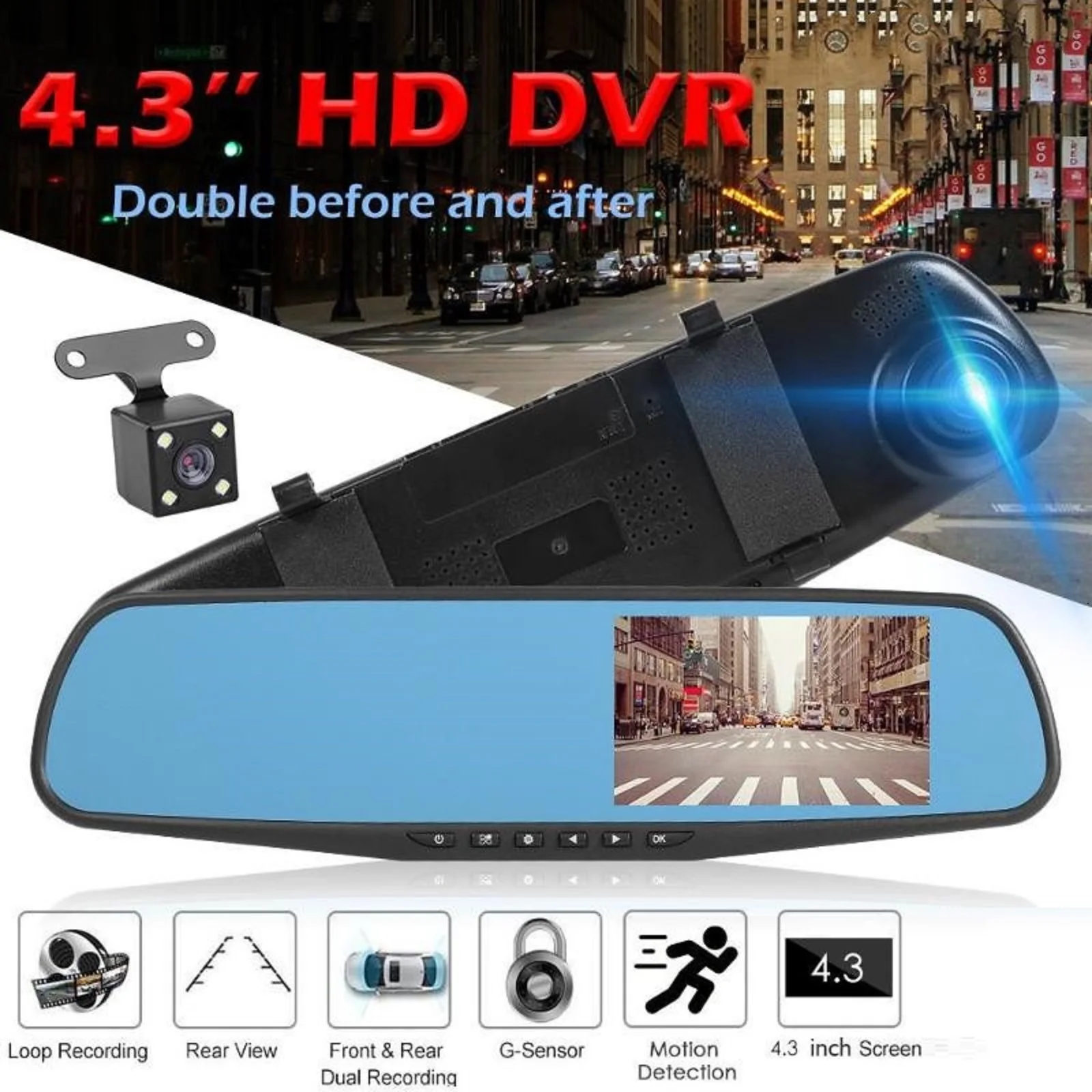 4.3 inch Dash Cam Car DVR 24H HD 1080P Dash Camera Dual Lens Video Recorder Dashcam Rearview Mirror Driving Recorder Accessories