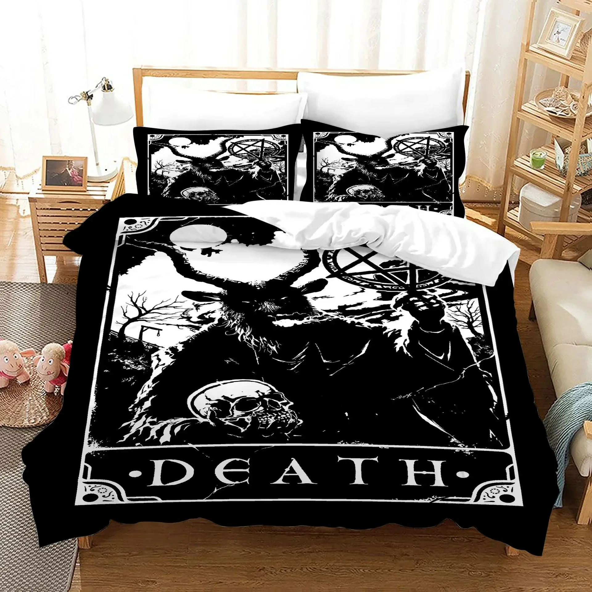 Tarot Cards Polyester Duvet Cover Set King Size Sun Black White Witch Wicca Fortune Telling Element for Boys Girl Bedding Set
