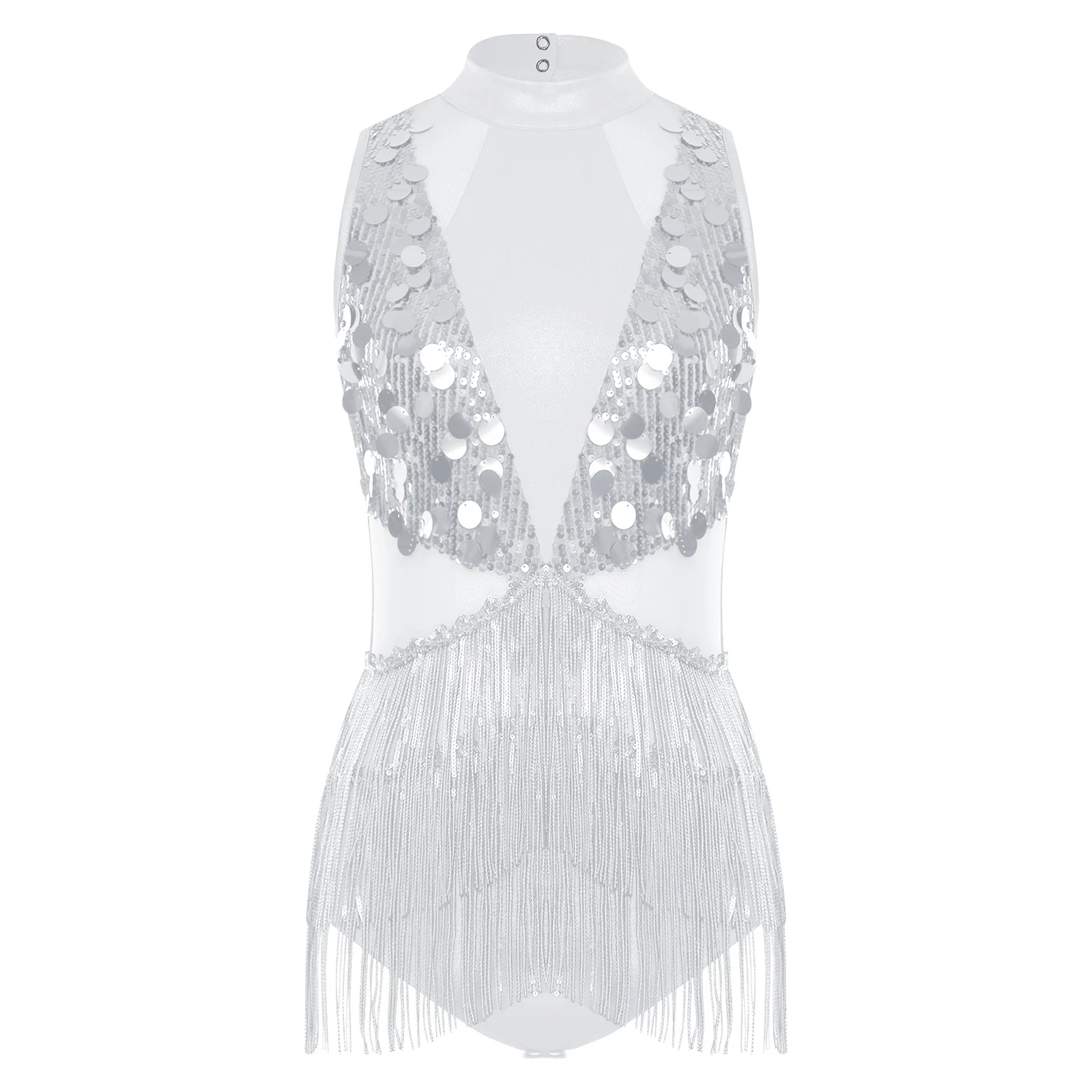 

Women Sparkling Latin Cha-cha Dance Performance Costumes Sleeveless Shiny Tassel Bodysuit for Jazz Samba Rumba Dance Leotards
