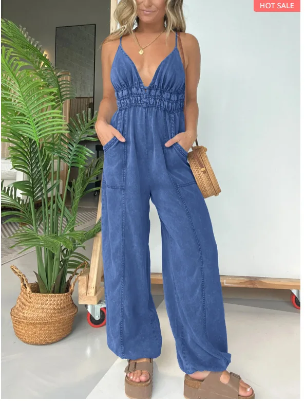 

Summer Sexy Halter Halter Women's Denim Jumpsuit Fashion Pocket Loose Cinched Leg Pants Casual Vacation Female Rompers Pants