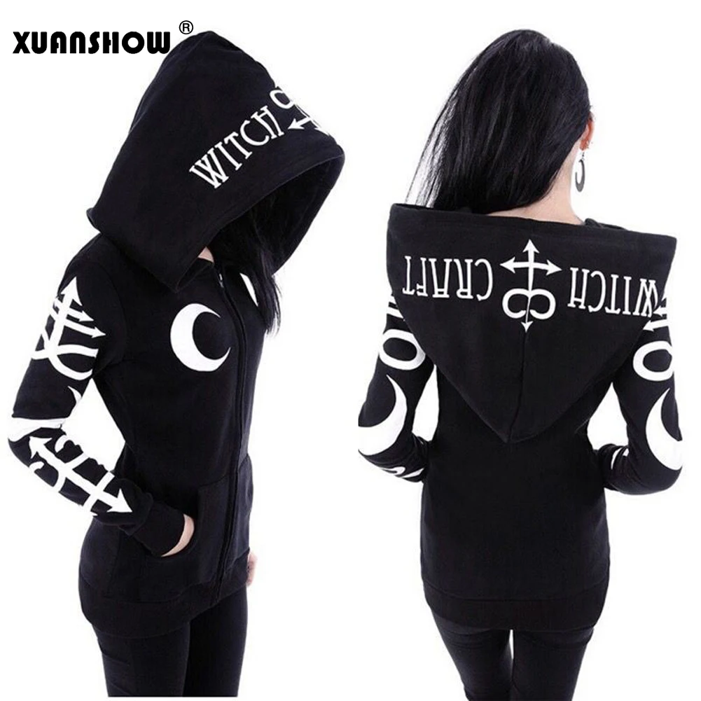 XUANSHOW Women Hoodies Sweatshirts Gothic Punk Moon Letters Print Clothes Autumn Winter Long Sleeve Jacket Zipper Lady Coat