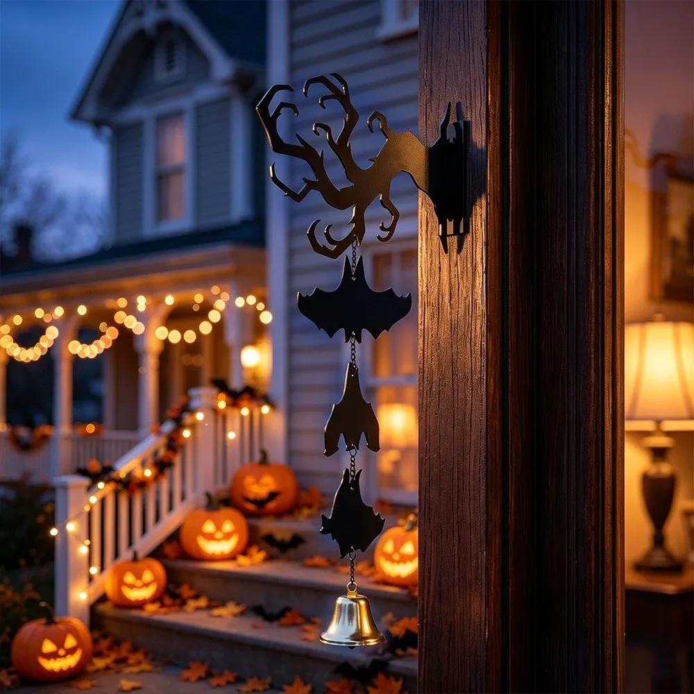 Funny 2D Flat Inverted Branch Bat Wind Chime Spooky Gothic Style Halloween Wind Chime Wall Mount Acrylic Hanging Door Bell Porch