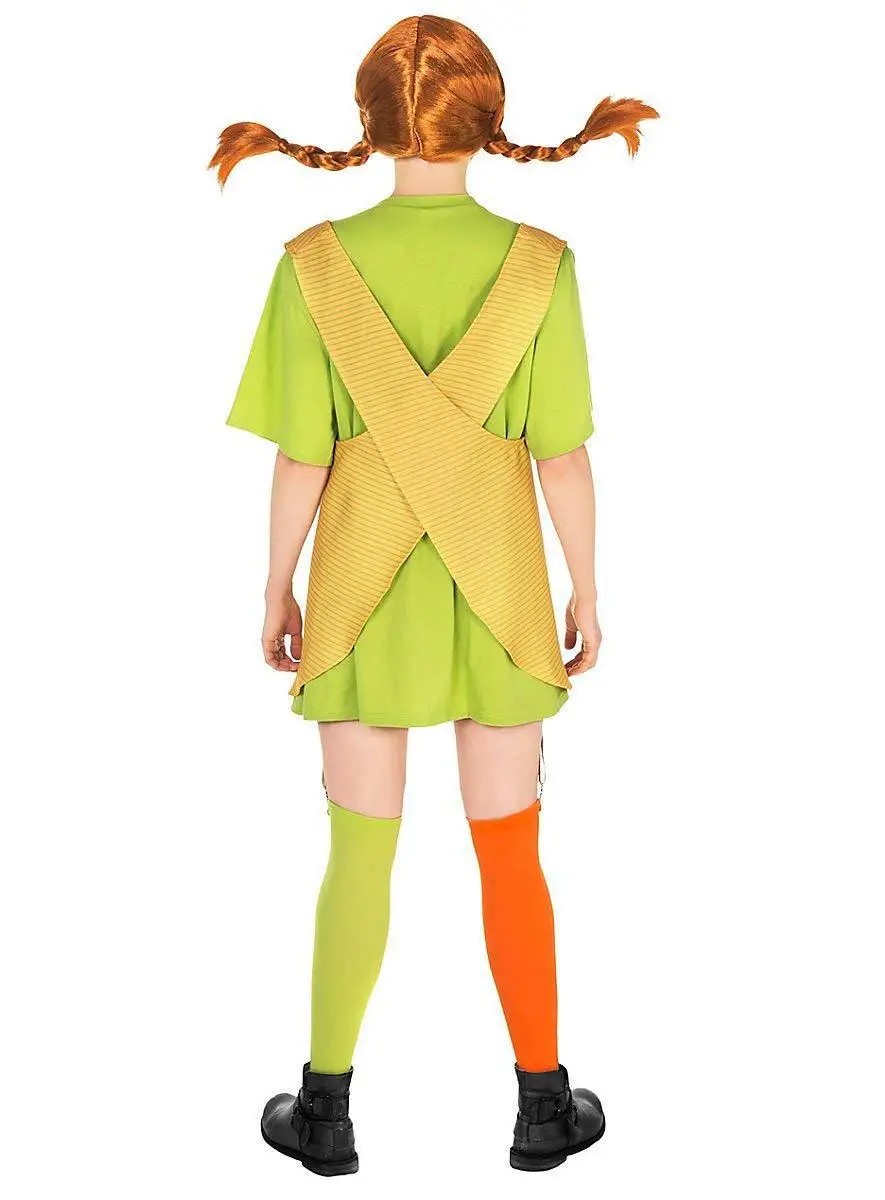 Long Socks Costume - Yellow Striped Dress with Green Shirt, Red Plaid Pocket Socks, Halloween and Book Character Cosplay Costume view 3