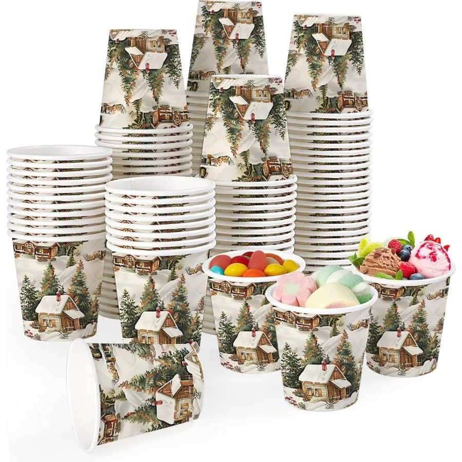 

100 Pcs Christmas Paper Cups Xmas Disposable 9 oz Coffee Cups for Hot Chocolate and Coffee Festive Snowy Night Design Ideal for