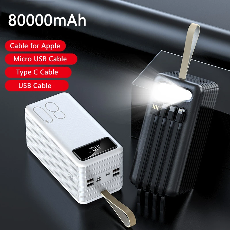 80000mAh Fast Charging Power Bank 4 USB Portable Charger Outdoor Powerbank Built in Cable for iphone 16 15 Samsung Spare Battery