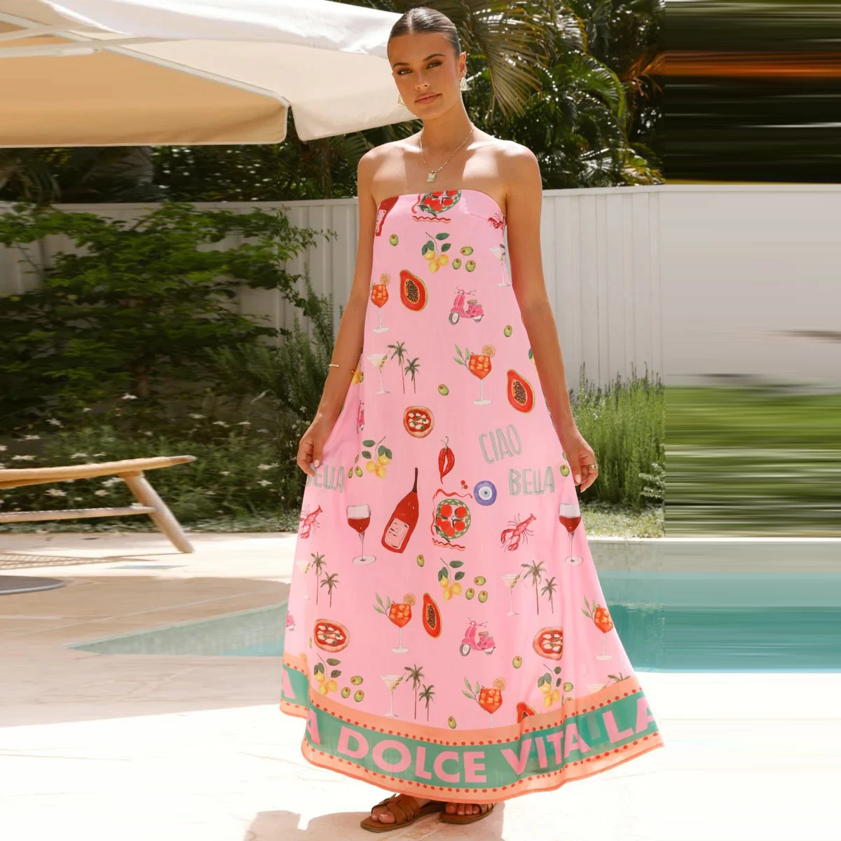 

Women Floral Print Strapless Sleeveless Linen A Line Spring Summer Long Dress
